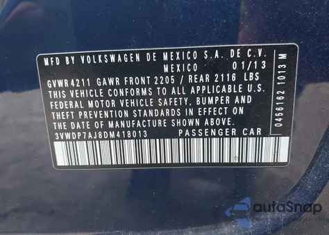 2013 Volkswagen Jetta 2.5L Se from USA, damaged, VIN 3VWDP7AJ8DM418013